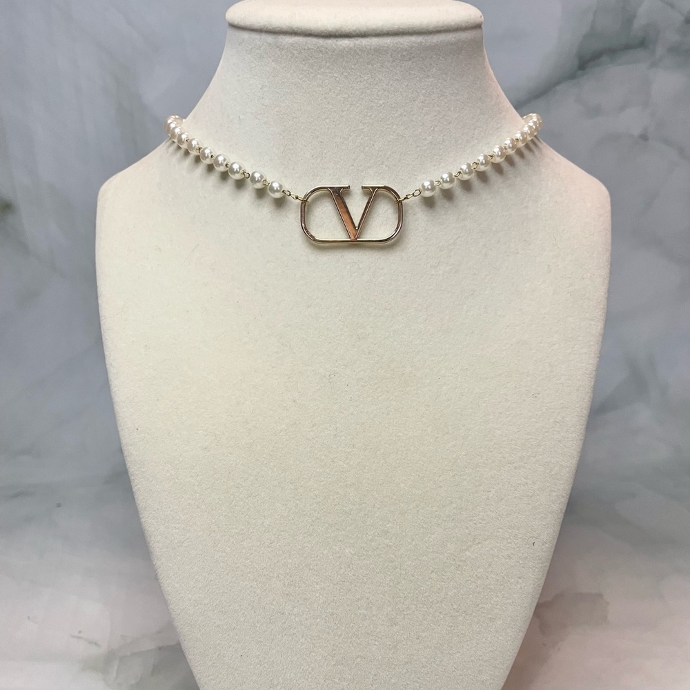 Upcycled Gold Logo Charm Pearl Choker Necklace